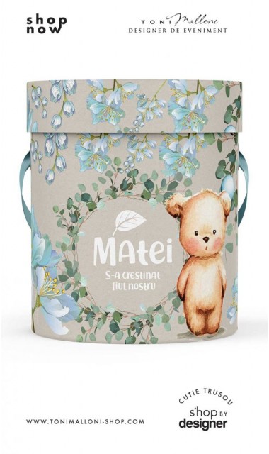 Cutie rotunda personalizata din mucava pentru trusou botez baieti Eucalipt Baloane si Ursuleti 1